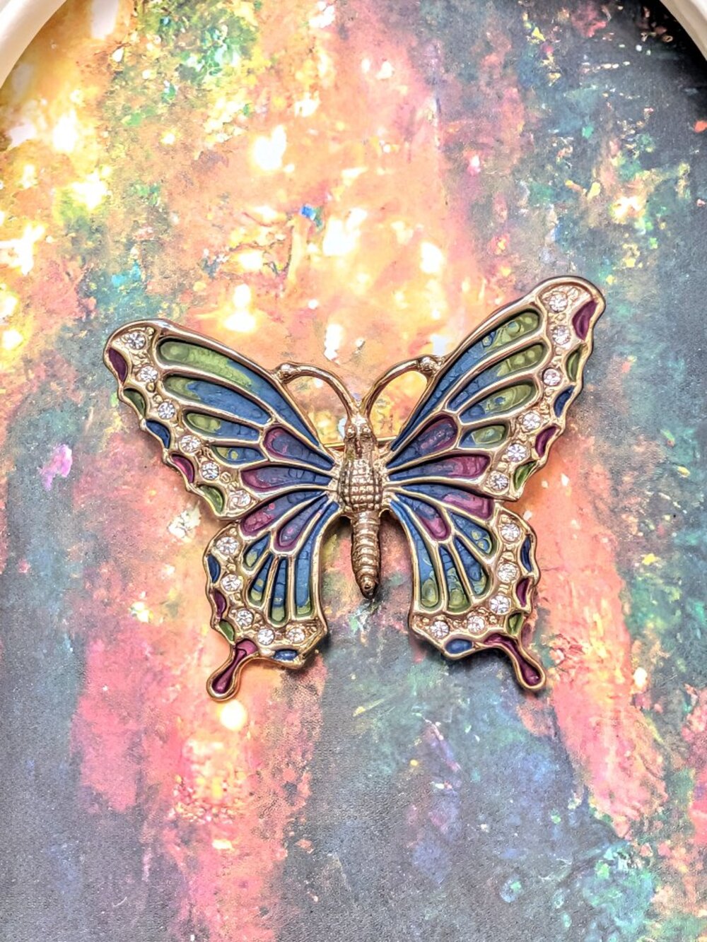 Vintage Colorful Enamel Winged Butterfly Brooch with Rhinestones
